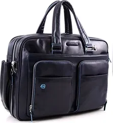 Piquadro Blue square expandable short handle laptop case blue